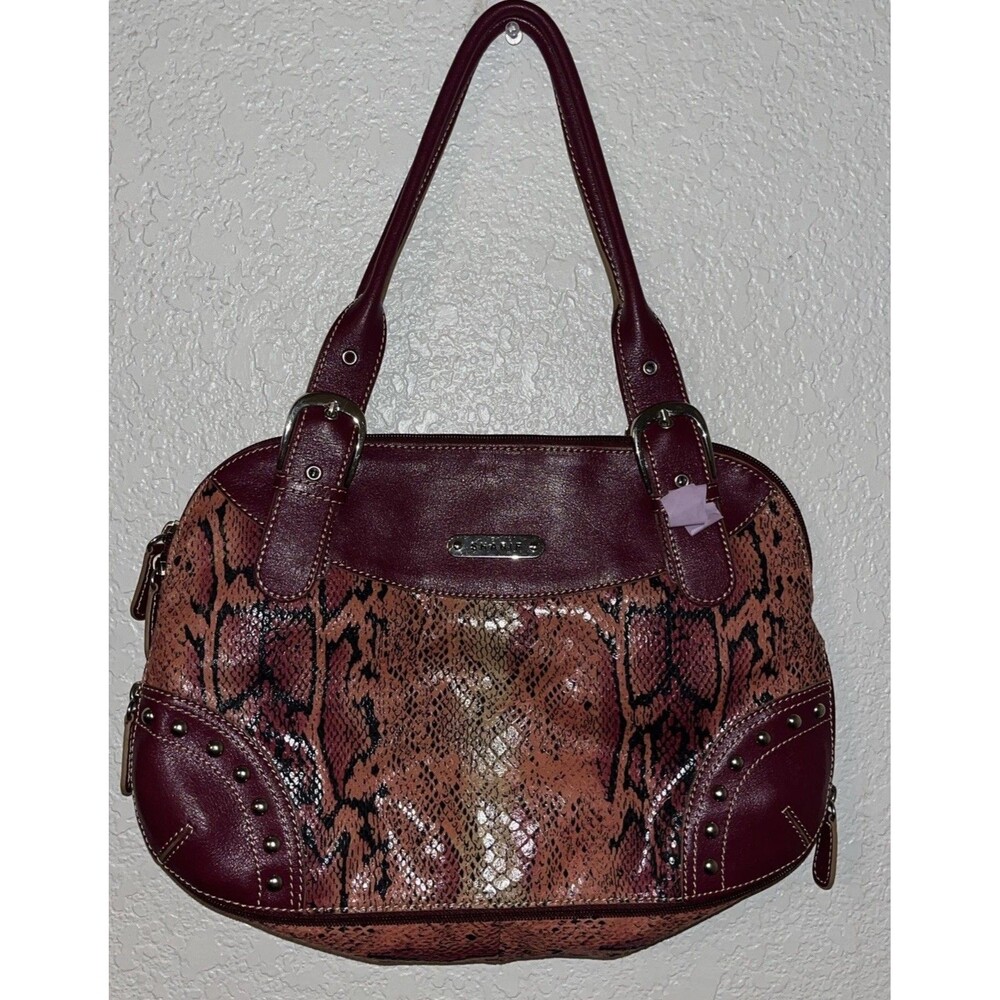 Sharif Studio Embossed Snake  Leather Trim Expanding Purse Burgundy Dust Bag NEW - Picture 12 of 16